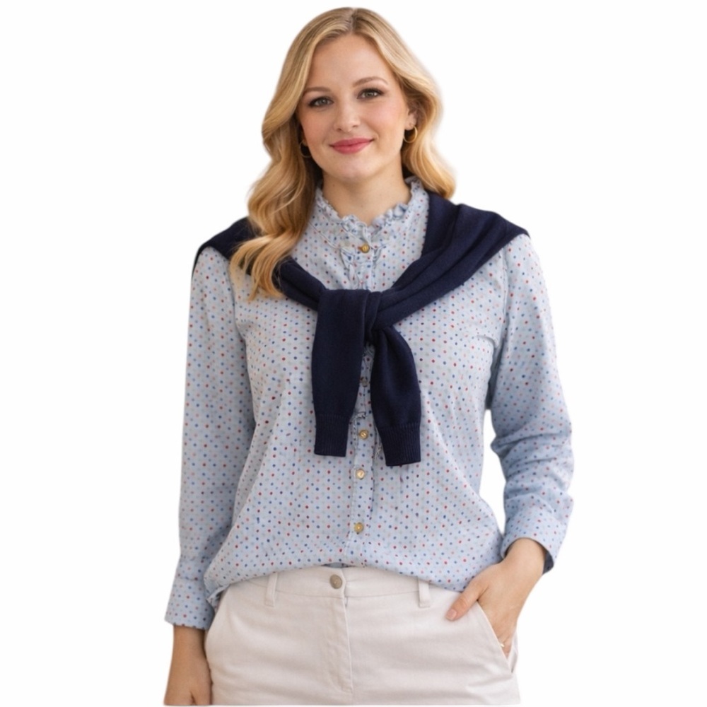 Talbots Shirt Womens L Blue Polka Dot Ruffle Collar Long Sleeve Popover Preppy